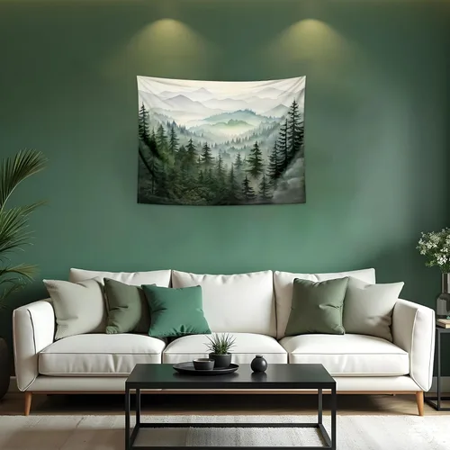 Miniatura 8 de QGHOT Tapiz de bosque brumoso, tapiz de montaña natural para colgar en la pared, paisaje de acuarela verde salvia, arte de pared para dormitorio