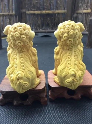 Miniatura 3 de Feng Shui - Par de estatuas de perros Fu Foo, adornos de estatua de Kylin de madera maciza, protección de energía malvada, estatua de Pixiu/Piyao