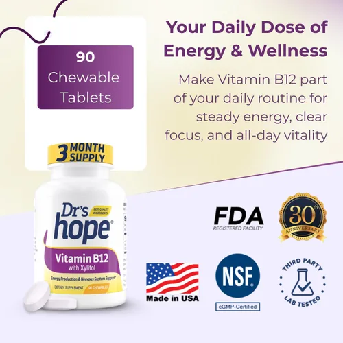 Miniatura 4 de Dr's Hope Vitamina B12-1000 mcg, 90 cápsulas masticables Aumenta el metabolismo, la producción de energía, el apoyo del sistema nervioso 90