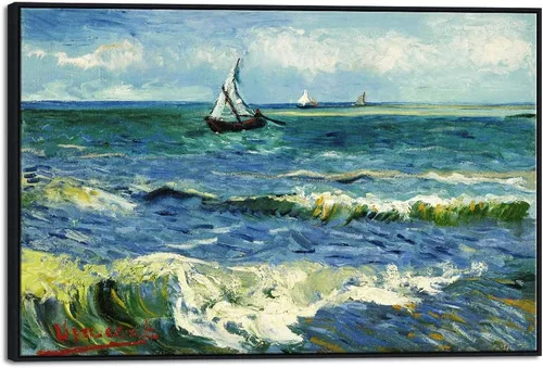 Miniatura 11 de Wieco Art Arte enmarcado negro paisaje marino en Saintes Maries por Vincent Van Gogh pinturas al óleo Reproducción modernas impresiones en lienzo