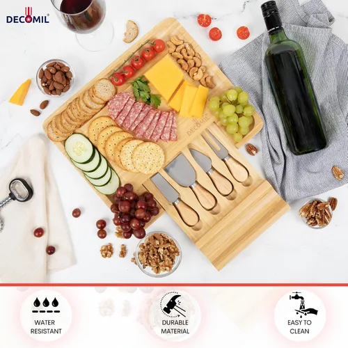 Miniatura 3 de DECOMIL - Juego de tabla de queso y cuchillos de bambú, juego de charcutería, tabla de queso y cubiertos, tabla de cortar queso, % 100% bambú