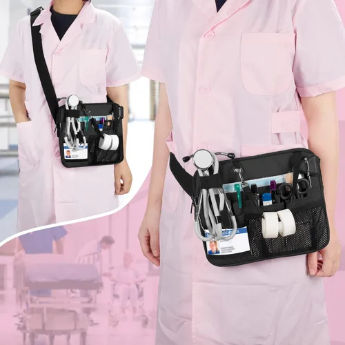 Miniatura 7 de Damero Riñonera para enfermera con bolsillos para equipos médicos, cinturón de herramientas para enfermeras con soporte de cinta para estetoscopios