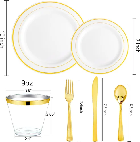 Miniatura 2 de bUCLA Juego de vajilla de plástico dorado desechable de 150 piezas, platos dorados resistentes que incluyen 25 platos de cena y 25 platos de postre