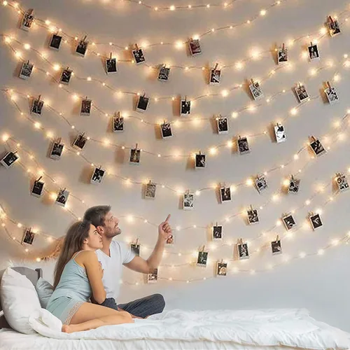 Cadena de luces con clip para fotos, 33 pies, 100 luces LED con clips para fotos con temporizador, luz de fotos con 50 clips transparentes para
