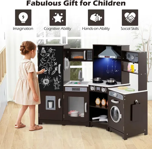 Miniatura 8 de Costzon Cocina de Esquina de Juguete con Luces, Sonidos, Gran Juego de Cocina de Pretensión con Pizarra, Microondas, Accesorios de Cocina, Juguete