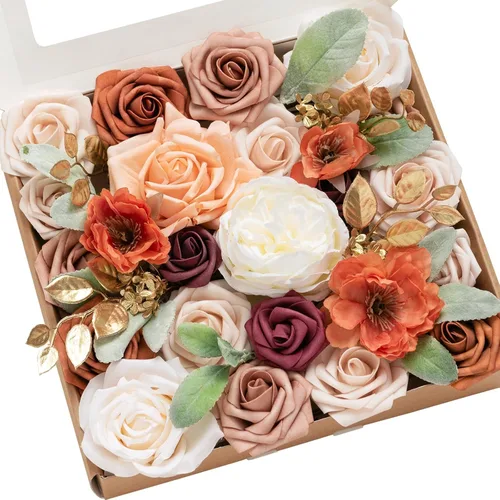 Miniatura 41 de Ling's moment Caja de Flores Falsas, Tallos de Vegetación Artificial Falsa Rosas de Espuma Dalia Hortensia de Seda Peonía Flor de Tela para Centros