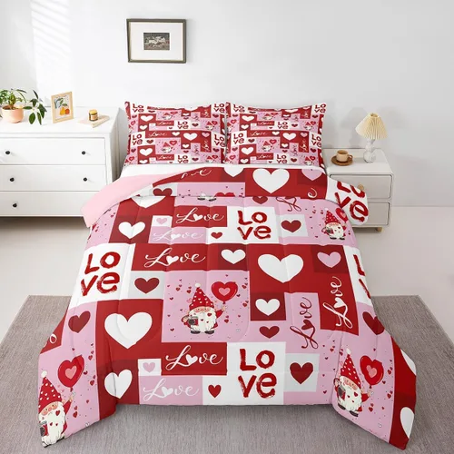 Miniatura 8 de Juego de edredón para el día de San Valentín, tamaño individual, ropa de cama romántica de gnomo para niños y niñas, pareja, con corazón rojo