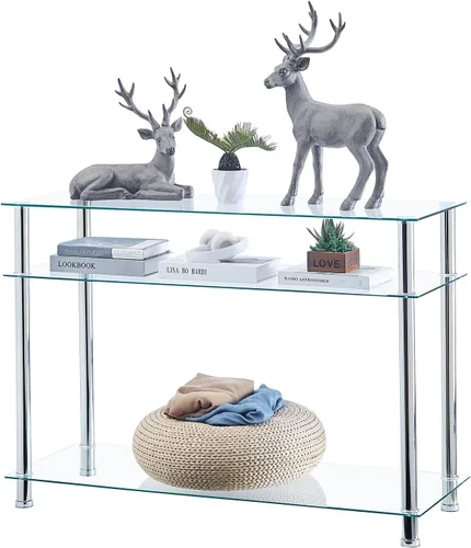 Miniatura 4 de Mesa consola de cristal plateado para entrada, moderna y cómoda mesa de sofá de vidrio de 3 niveles con patas cromadas, sala de estar, pasillo