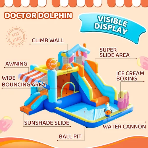 Miniatura 3 de Doctor Dolphin Casa de rebote de agua, parque inflable de tobogán acuático para niños, patio trasero, diversión al aire libre de verano con pistola