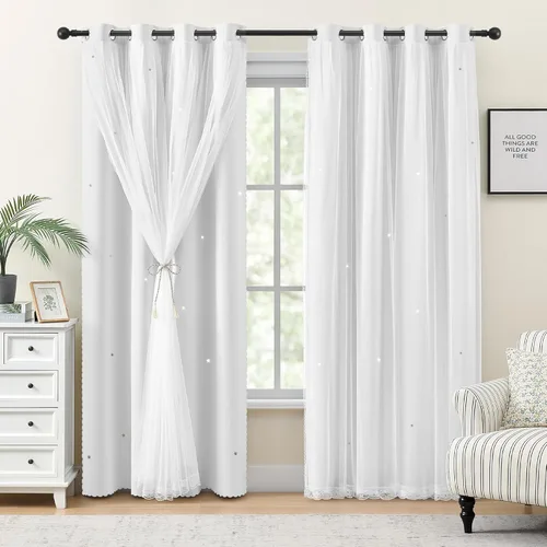 Miniatura 14 de XiDi Cortinas opacas con estrellas para habitaciones de niños, cortinas verdes para ventana de dormitorio de niños, azul y gris, 52 pulgadas de Azul