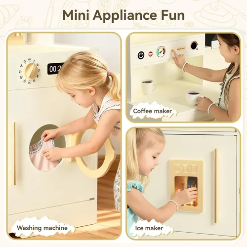 Miniatura 5 de Juego de cocina para niños pequeños con cajas de almacenamiento de fieltro y gancho de rango, juego de cocina de madera para niños con horno