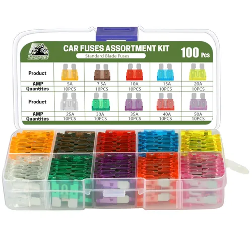 LOCOPOW Kit de 100 fusibles de hoja estándar, kit surtido de fusibles para automóvil, fusibles para caravana, 5A/7.5A/10A/15A/20A/ 25A/ 30A/ 35A/