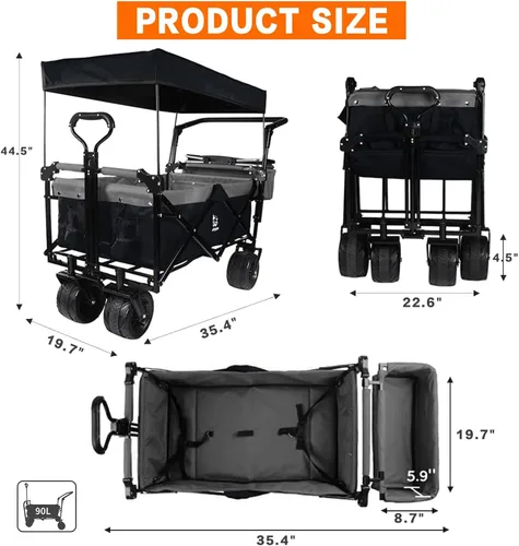 Miniatura 2 de Carro plegable con toldo extraíble y bolsa enfriadora, carrito plegable resistente con ruedas todo terreno de 4 pulgadas para campamento, playa