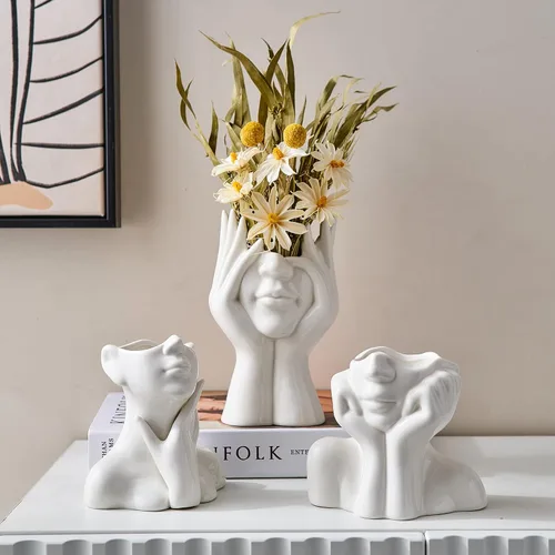 Miniatura 8 de FJS Jarrones de Cerámica con Cara, Jarrones de Flores Blancos para Decoración, 3.5" An x 7" Al Jarrón Decorativo Moderno como Centro de Mesa
