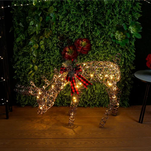 Miniatura 13 de Alpine Corporation Decoración de Césped de Reno Pastando de Ratán para Exteriores de 24 Pulgadas de Alto con Luces LED Blancas, Decoración de Patio