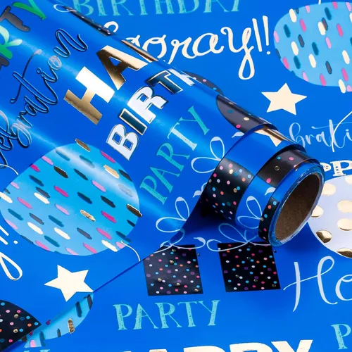 Miniatura 3 de WRAPAHOLIC Papel de regalo para cumpleaños - Rollo mini - 17 pulgadas x 16.5 pies - Papel de regalo azul dorado con foil brillante de feliz Azul