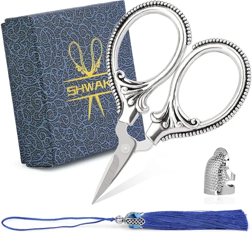 Miniatura 9 de SHWAKK Tijeras de bordado de 4.45 pulgadas, tijeras de flores de calabaza cian antigua con borlas y dedal, herramientas de bordado para coser, Flor