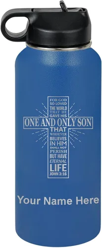 Miniatura 50 de LaserGram Botella de agua personalizada, versículo bíblico John 3-16, acero inoxidable de doble pared aislada al vacío con popote superior, regalo