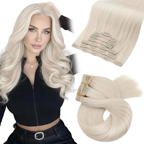 Miniatura 44 de Moresoo Extensiones de cabello humano Remy con clip, color rubio platino, extensiones de cabello humano real de doble trama, color rubio #60, 18