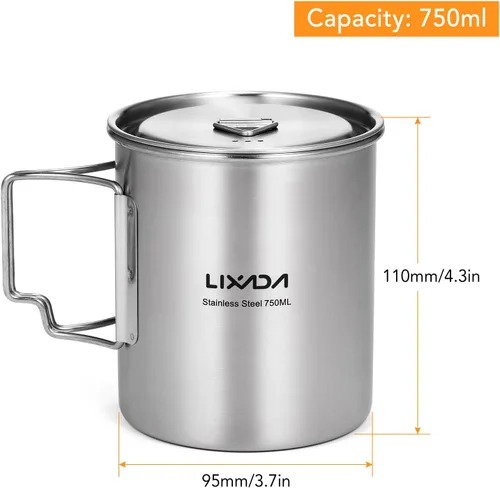 Miniatura 6 de LIXADA Taza para acampar, taza de agua de acero inoxidable de 25.4 fl oz con asas plegables y tapa para acampar al aire libre, senderismo, mochilero