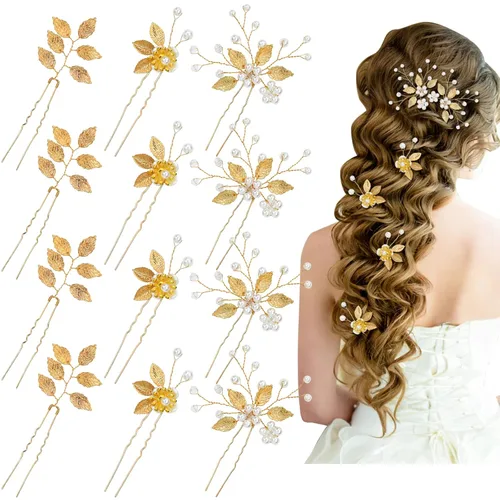 inSowni Paquete de 12 horquillas doradas decorativas para bodas, fiestas de graduación, con hojas de flores, perlas, adornos para tocados de novia,