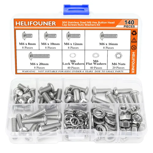 HELIFOUNER 140 piezas M6 x 0.315 in /0.394 in /0.472 in /0.630 in /0.787 in, cabeza de botón hexagonal, tornillos métricos, arandelas, tuercas, kit
