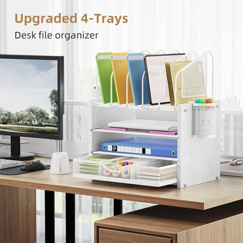 Miniatura 3 de Marbrasse Organizador de escritorio con cajón, organizador de archivos de malla de 4 niveles con 5 soportes verticales para archivos y 2 soportes
