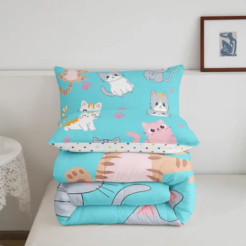 Miniatura 46 de Erosebridal Juego de ropa de cama para niños, tamaño individual, diseño de gatos de dibujos animados, para niñas, niños y adolescentes, edredón