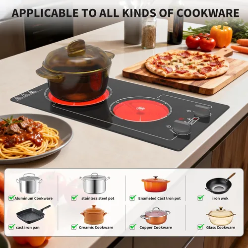 Miniatura 4 de GIHETKUT - Placa de cocina eléctrica, 110V 2100W, 9 niveles de potencia, 2 quemadores, control de botón y táctil, bloqueo para niños y temporizador