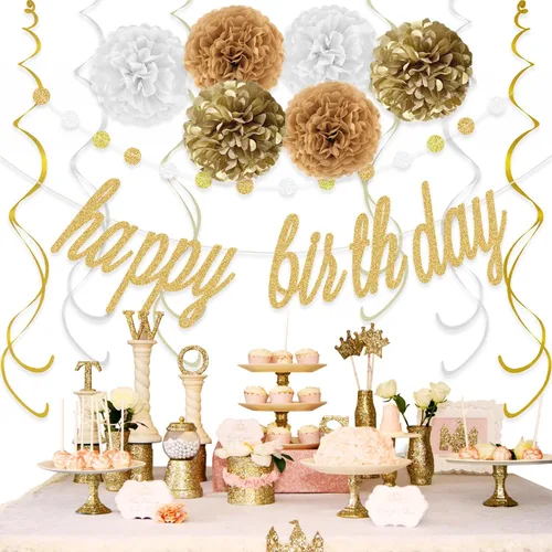 Miniatura 4 de KOKAR Decoraciones doradas de feliz cumpleaños: pancarta dorada de feliz cumpleaños, pompones de papel, remolinos colgantes y guirnalda de puntos