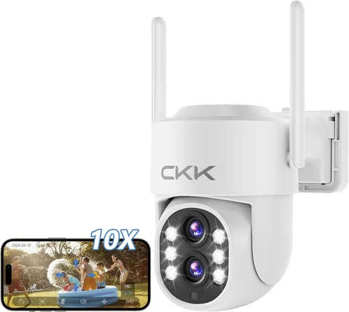 CKK Cámara de doble lente de 2 MP, WiFi inalámbrica de 2.4/5 GHz, cámaras de seguridad para exteriores Plug & Play para zoom de 10X Pane Tilt 360°,