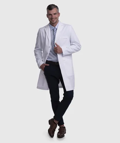Miniatura 4 de Dr. James Abrigo de laboratorio profesional para hombre, ajuste a medida, cierre de cuatro botones, múltiples bolsillos, blanco, 39 pulgadas de largo