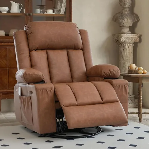 Miniatura 10 de Rocker - Silla reclinable con calor y masaje, silla reclinable giratoria de 360° para adultos, asiento reclinable de piel sintética con 2 portavasos
