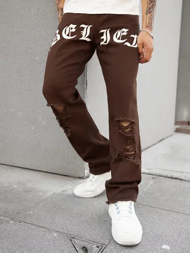 Miniatura 3 de WDIRARA Pantalones de mezclilla largos rasgados de cintura alta para hombre con bolsillo