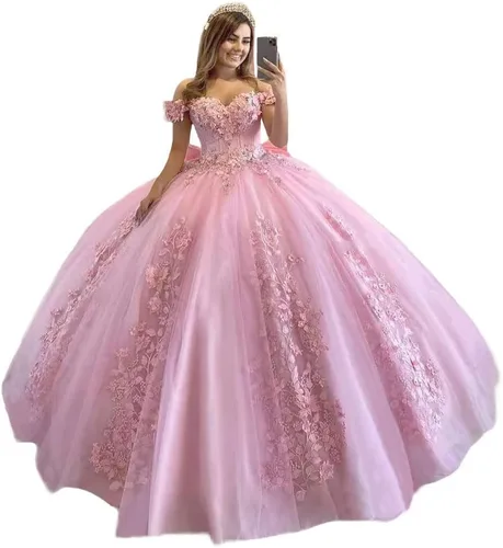 XYAYE Vestido de quinceañera con hombros descubiertos para mujer, con flores en 3D, vestido de baile hinchado de encaje con cuentas, vestido de