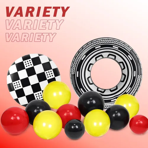 Miniatura 7 de Kit de arco de globos de auto de carreras de 132 piezas, decoraciones de fiesta con globos rojos, negros y amarillos, globos de rueda a cuadros