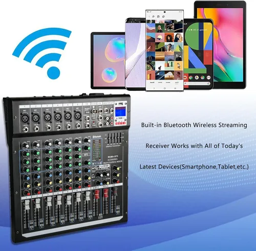 Miniatura 9 de Mezcladores DJ jindaaudio Consola de Mezcla de Audio de 8 Canales con Bluetooth, Interfaz de Audio USB con Alimentación Fantasma de 48V, Mesa