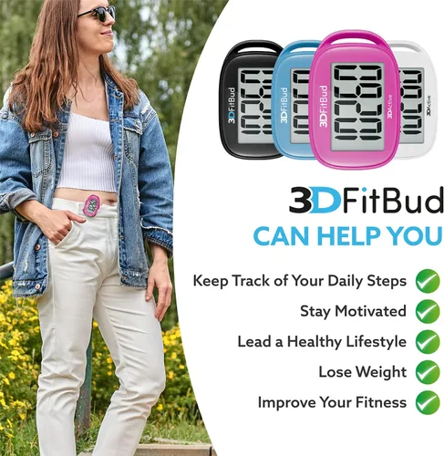 Miniatura 4 de 3DFitBud Simple Contador de Pasos - Podómetro 3D para caminar de 3DActive con clip, cordón, rastreador de pasos preciso, pantalla grande, fácil