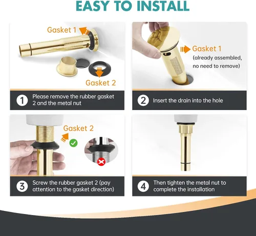 Miniatura 8 de Desagüe emergente para fregadero de baño con rebosadero - Se ajusta a agujeros de 1-5/8" a 2", acero inoxidable 304 para tocador/fregadero