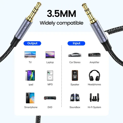 Miniatura 2 de MOSWAG Cable auxiliar de audio de 16.4 pies/16.4 ft de 0.138 in a cable auxiliar macho a macho, cable auxiliar de nailon trenzado para teléfonos