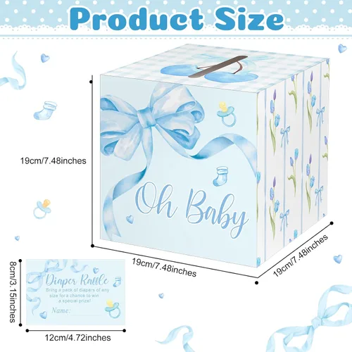 Miniatura 2 de Funrous 51 boletos para rifa de pañales con caja para invitaciones de juegos de baby shower, tarjeta de rifa de pañales para revelación de género