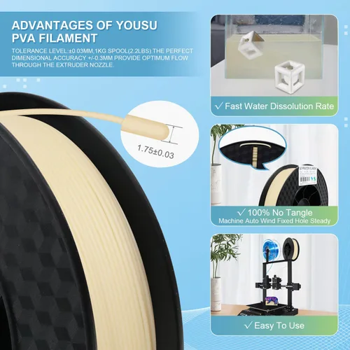 Miniatura 4 de Yousu filamento PVA de 1.75mm, filamento de soporte soluble en agua para impresora 3D, 0.5kg, PVA natural, se ablanda en temperatura de agua