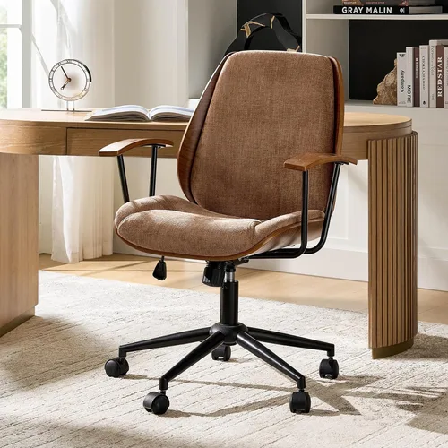 HULALA HOME Silla de oficina de madera maciza con función mecedora, cómoda silla de escritorio de tela con base de madera doblada y metal, silla