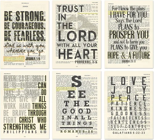 Miniatura 2 de Juego de 6: Josué 1:9, Proverbios 3:5, Jeremías 29:11, Romanos 8:28, Gálatas 5:22-23, impresiones artísticas de pared de página bíblica cristiana