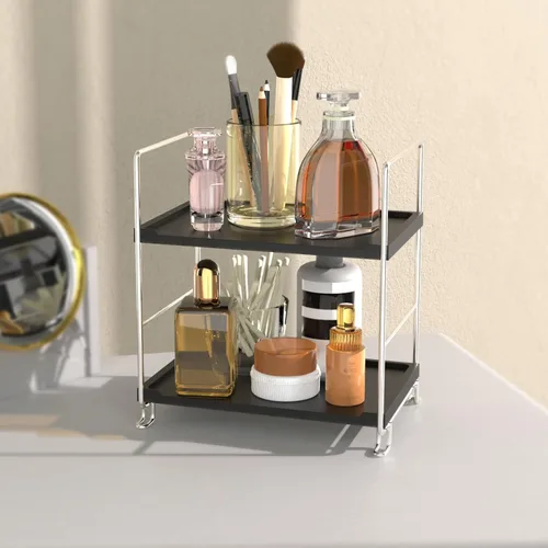Miniatura 11 de Estante organizador de especias de 2 niveles para baño, estante de almacenamiento de encimera, estante de almacenamiento de cosméticos de pie negro