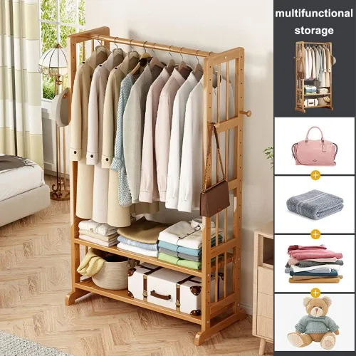 Miniatura 2 de Estante de ropa resistente, estantes de almacenamiento de 2 niveles, estantes de ropa de bambú con barra para colgar, añade espacio en el armario