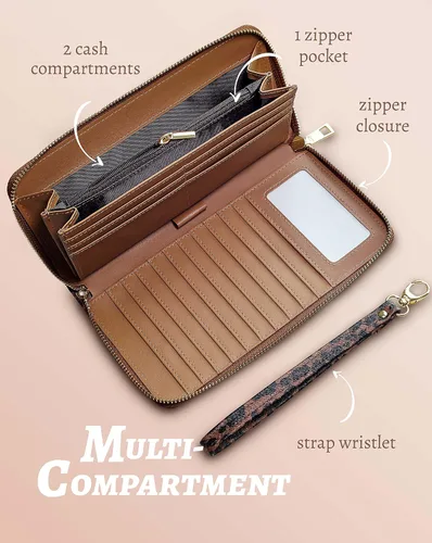 Miniatura 5 de Yarnic Cartera de leopardo para mujer con tarjetero de crédito, bolsillos para dinero, correa de pulsera, carteras con clip para monedas, monedero