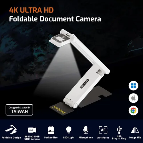 Miniatura 2 de Cámara de documentos USB INSWAN INS-1 — 8MP Ultra HD, enfoque automático, LED, micrófono incorporado, compatible con Windows, Mac, iPad, Chromebook