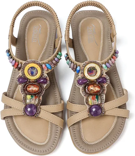 Miniatura 2 de SHIBEVER Sandalias bohemias para mujer de verano con cuentas y tirantes delgados al tobillo, zapatos elegantes