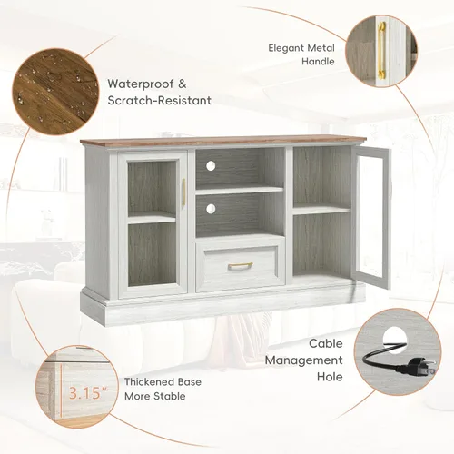Miniatura 6 de Soporte de TV de granja para TV de 55/60/65 pulgadas, consola multimedia alta con 2 puertas de vidrio y 3 estantes ajustables, centro